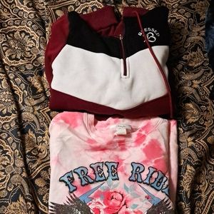 2 long sleeved shirts one zip up hoodie and one sweatshirt